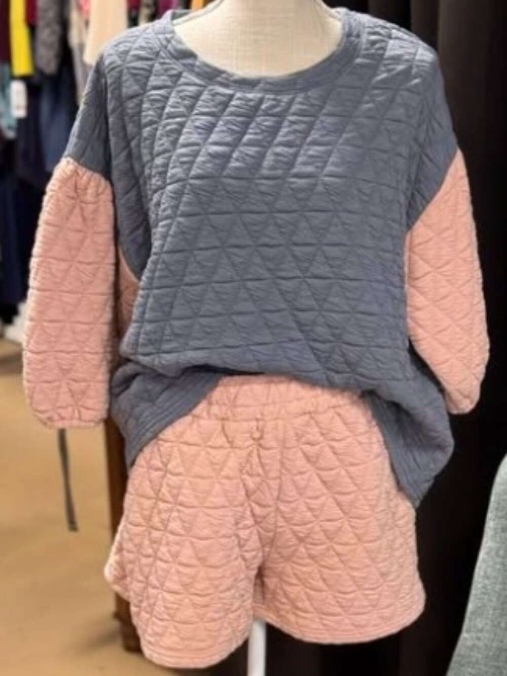 Quilted Two-Tone Grey and Light Pink Pullover Top